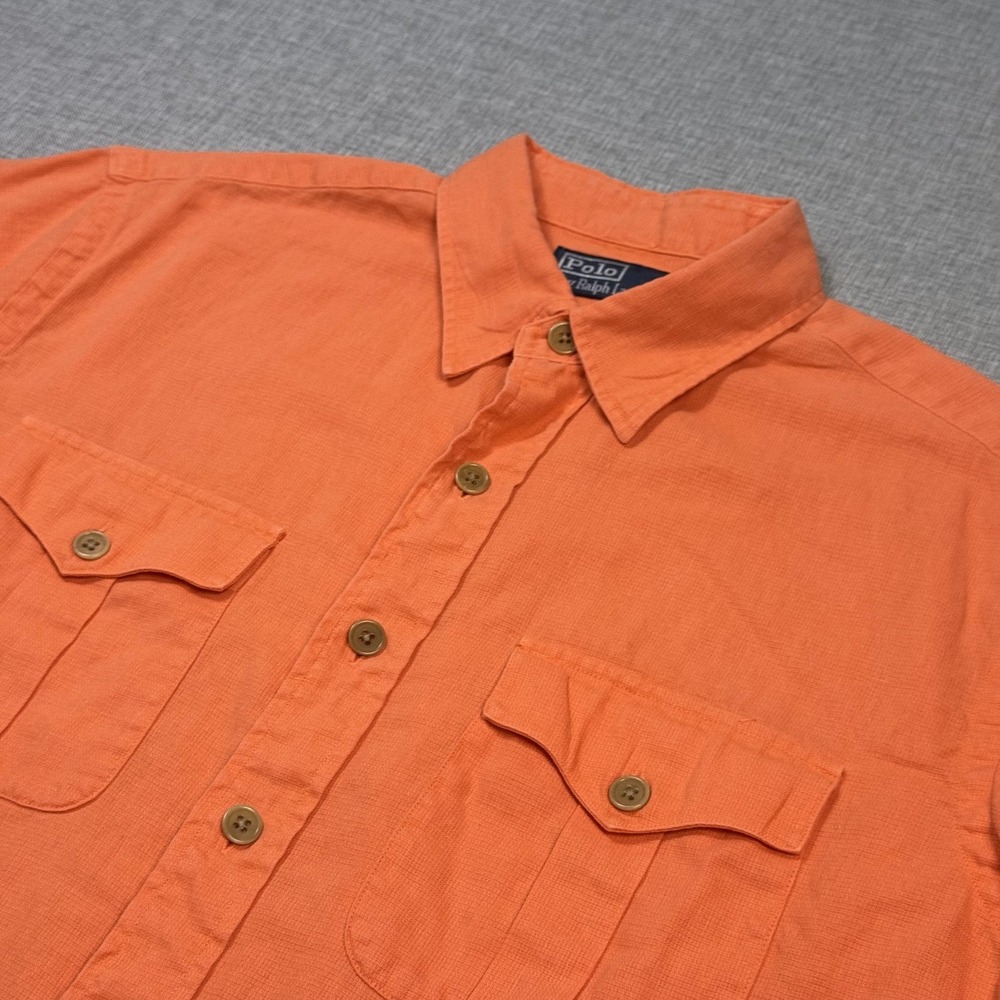 Polo Ralph Lauren Workshirt Mens Large Orange Scalloped Pockets Linen Cotton